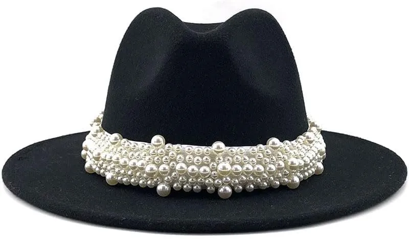 Lady British Fashion Elegant Wide Brim Fedora Panama Hat with Pearl Ring Women Men Classic Woolen Fedora Hats