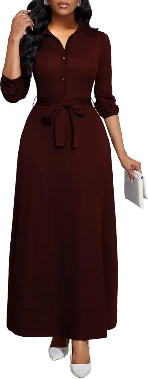 LaiyiVic Maxi Dress for Women Casual Long Sleeve Button Down Floor Length V-Neck Long Dress with Belt