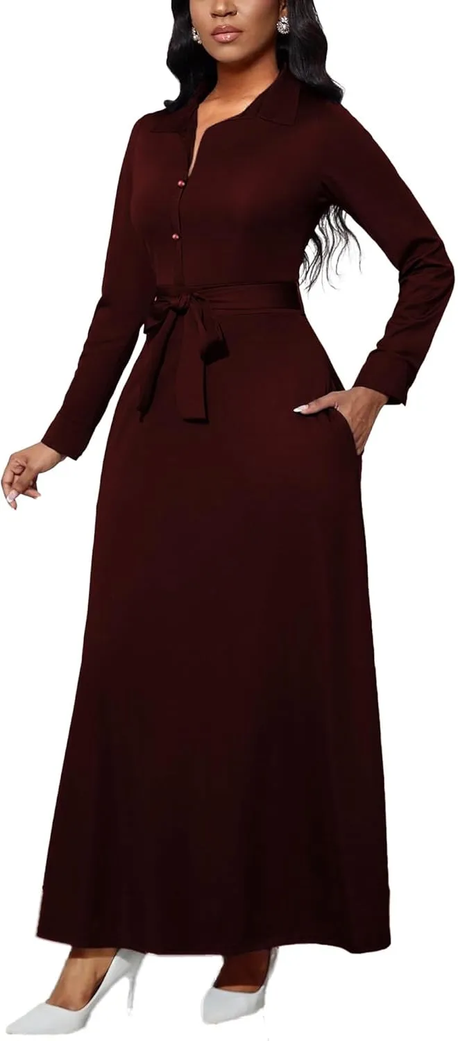 LaiyiVic Maxi Dress for Women Casual Long Sleeve Button Down Floor Length V-Neck Long Dress with Belt