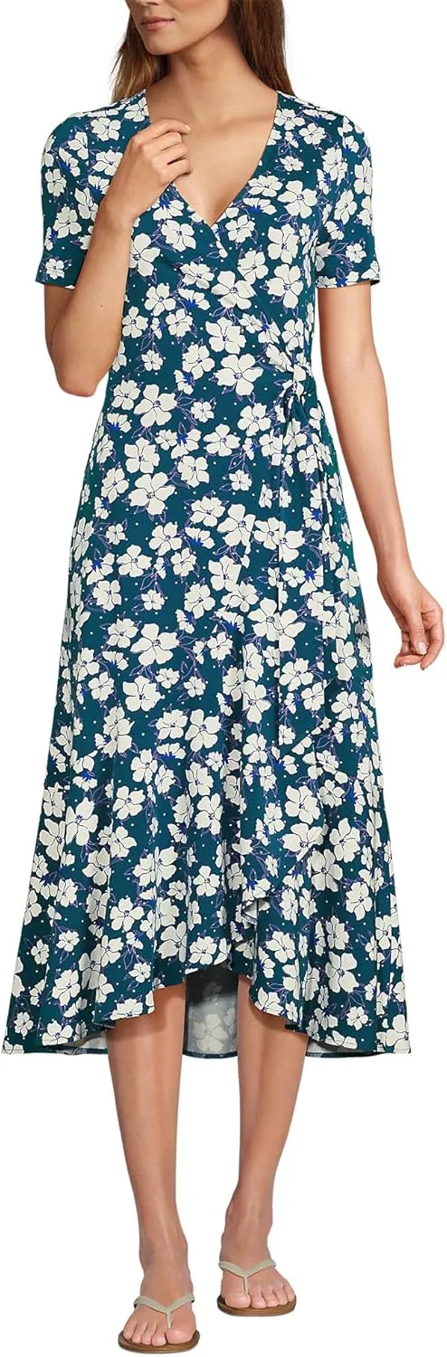 Lands' End Women's Cotton Modal Vneck Wrap Midi Dress