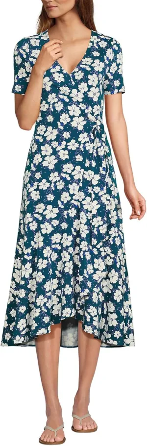 Lands' End Women's Cotton Modal Vneck Wrap Midi Dress