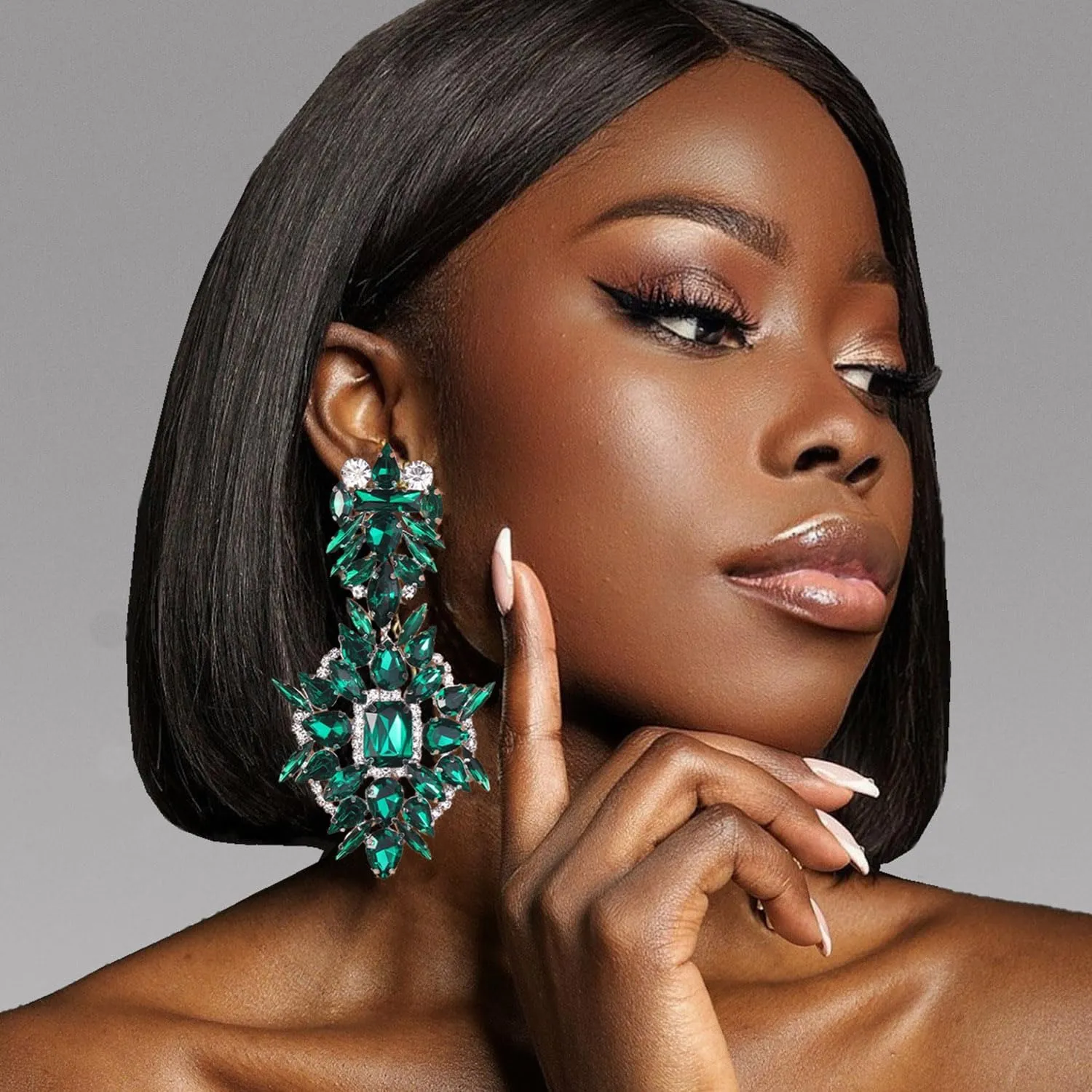 Large Emerald Green Earrings for Women Dangle Costume Rhinestone Statement Earrings Formal Jewelry (A-Green-01)