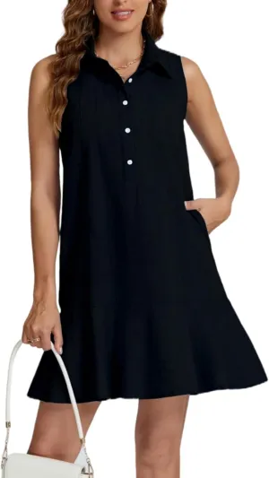 LifeShe Womens Tunic Shirt Mini Dress Sleeveless Cotton Short Dress Button Up Ruffle Hem Shift Dresses Black