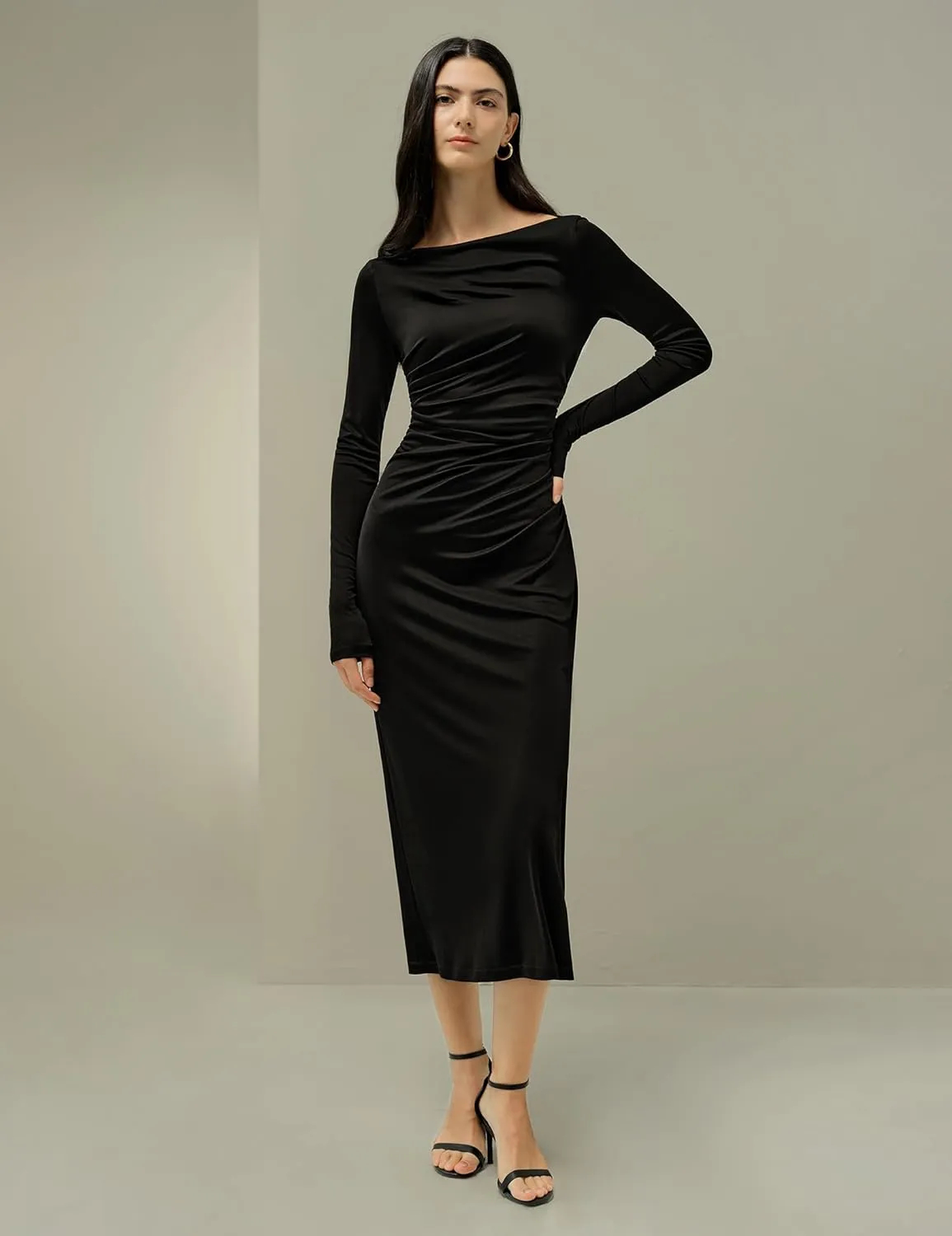 LilySilk Womens Silk Dress Ladies Silk Jersey Midi Dress Boatneck Long Sleeves for Everyday Wear