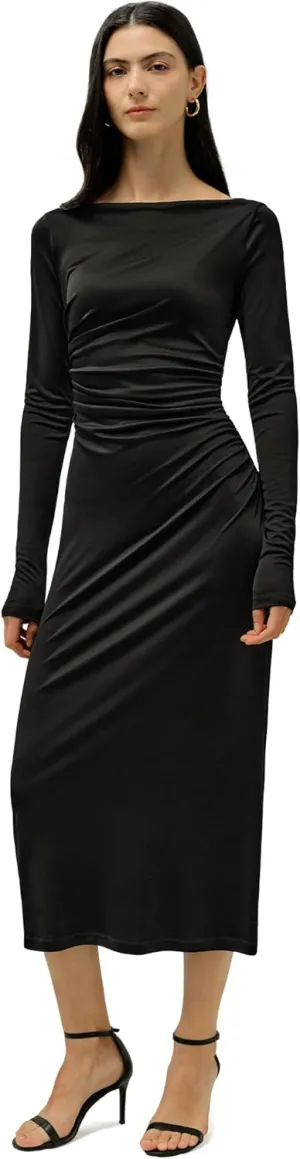 LilySilk Womens Silk Dress Ladies Silk Jersey Midi Dress Boatneck Long Sleeves for Everyday Wear