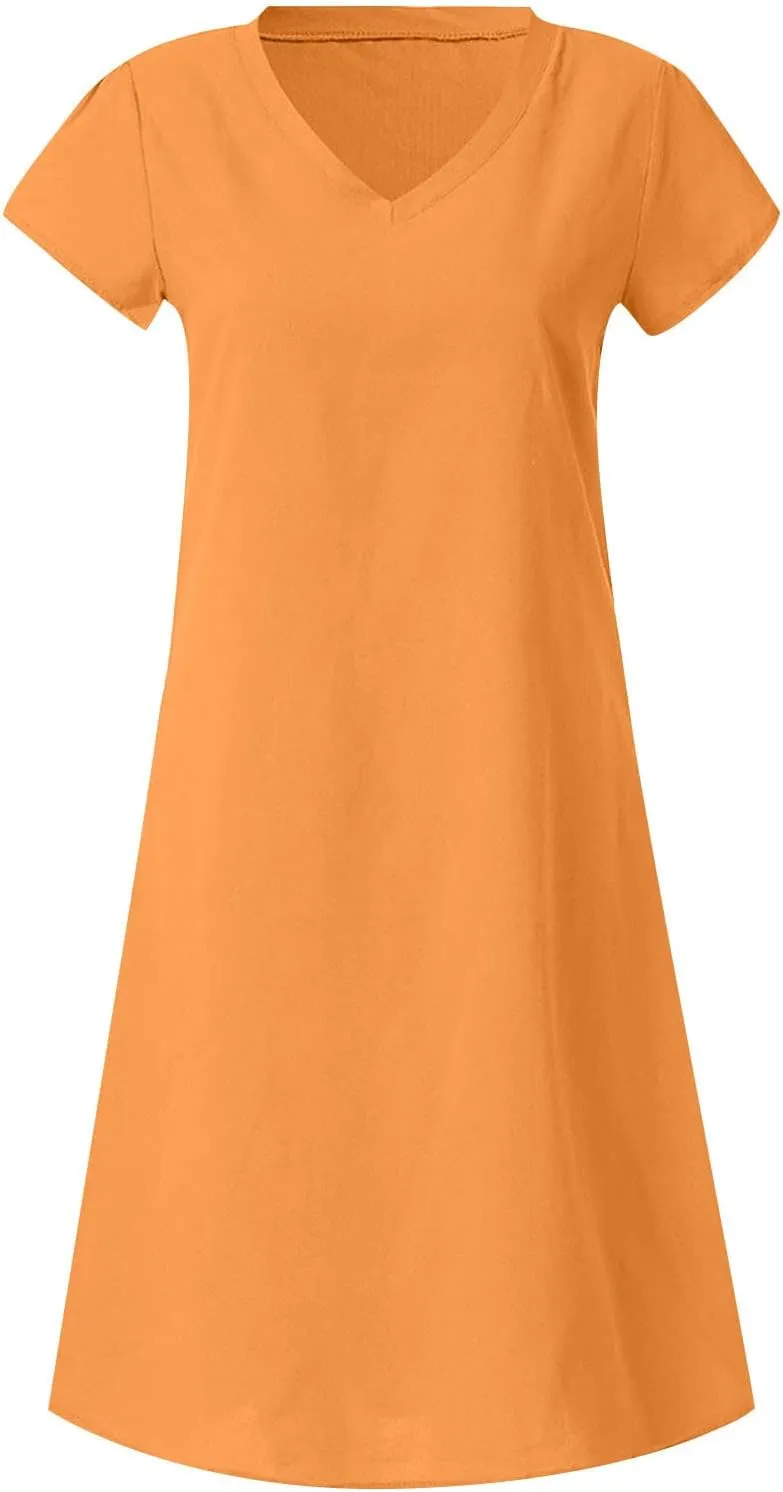 Linen Dresses for Women 2025 Short Sleeve Knee Length Midi Dresses Lightweight Summer Beach Vacation Clothes