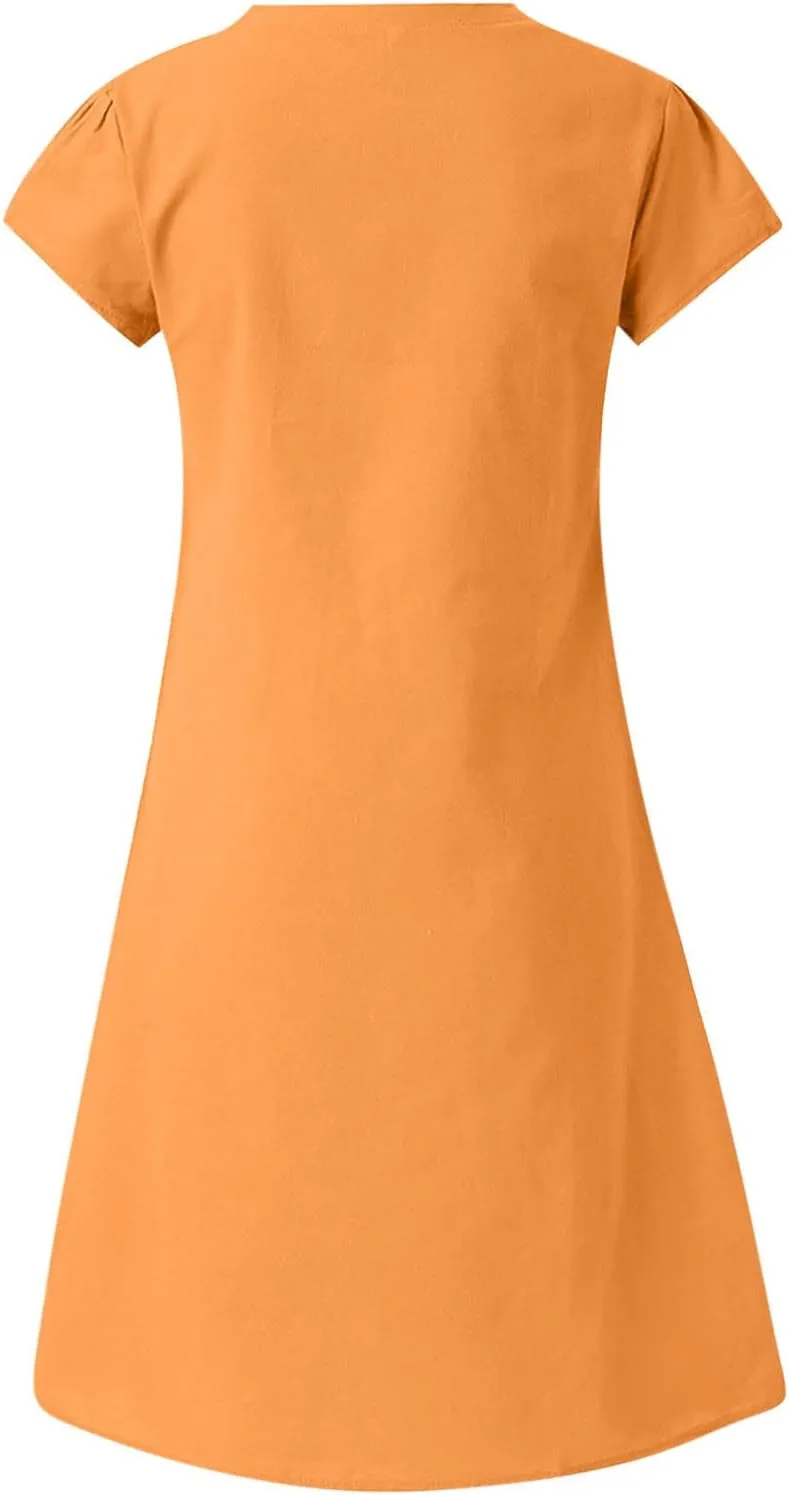 Linen Dresses for Women 2025 Short Sleeve Knee Length Midi Dresses Lightweight Summer Beach Vacation Clothes
