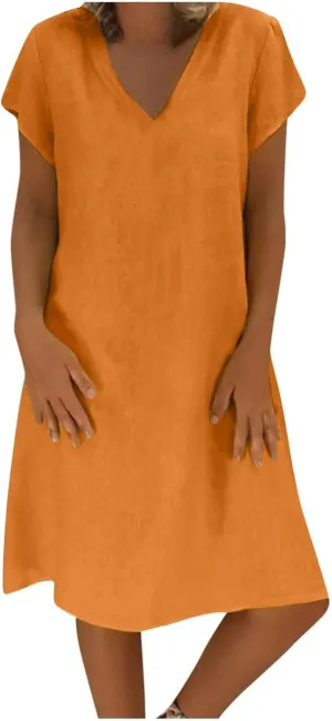 Linen Dresses for Women 2025 Short Sleeve Knee Length Midi Dresses Lightweight Summer Beach Vacation Clothes