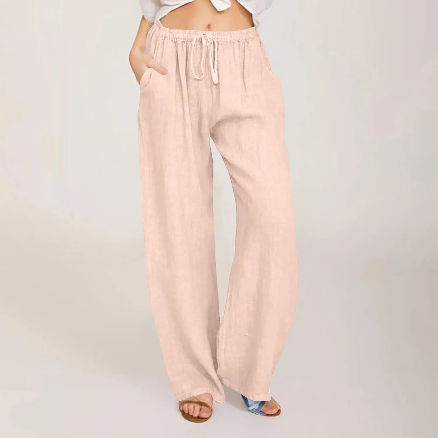 Linen Pants Women Summer Wide Leg Pants Drawstring Elastic Waist Pants High Waisted Lounge Pants Casual Beach Trousers