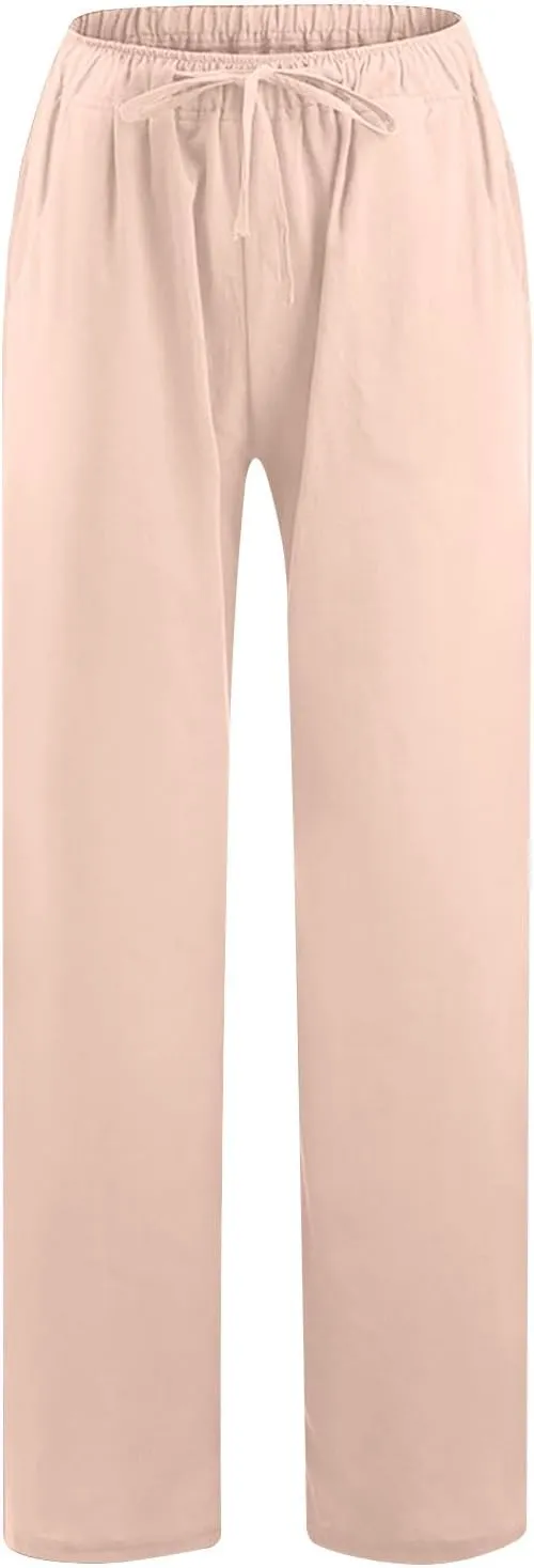 Linen Pants Women Summer Wide Leg Pants Drawstring Elastic Waist Pants High Waisted Lounge Pants Casual Beach Trousers