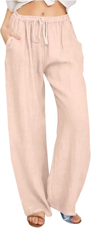 Linen Pants Women Summer Wide Leg Pants Drawstring Elastic Waist Pants High Waisted Lounge Pants Casual Beach Trousers