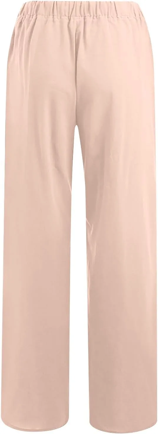 Linen Pants Women Summer Wide Leg Pants Drawstring Elastic Waist Pants High Waisted Lounge Pants Casual Beach Trousers