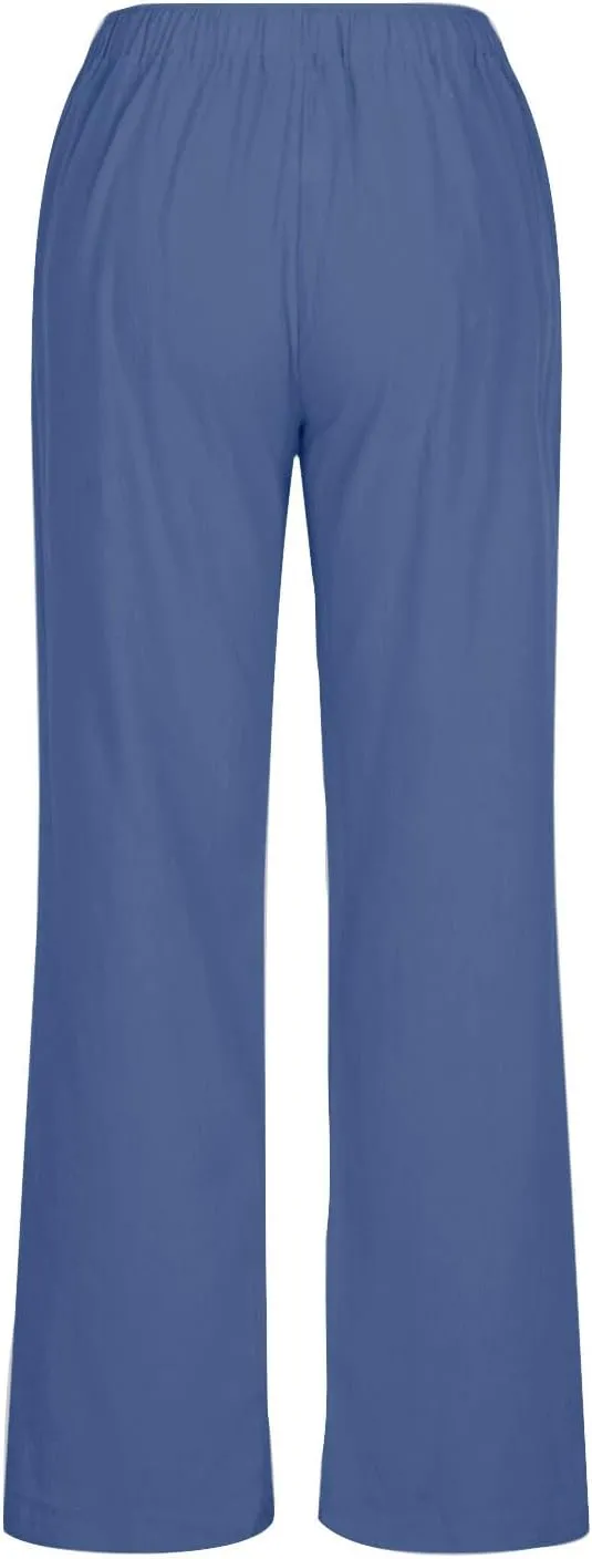 Linen Pants Women Summer Wide Leg Pants Drawstring Elastic Waist Pants High Waisted Lounge Pants Casual Beach Trousers