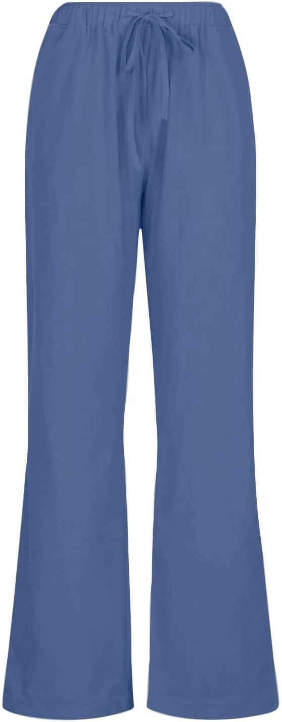 Linen Pants Women Summer Wide Leg Pants Drawstring Elastic Waist Pants High Waisted Lounge Pants Casual Beach Trousers