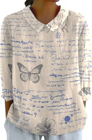 Linen Shirts for Women 3/4 Sleeve Peter Pan Collar Tops Casual Dressy Loose Fit Blouses Cotton Linen Shirts