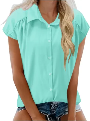 Linen Shirts for Women Loose Fit Cap Sleeve Button up Blouse Loose Collared Shirt Casual Summer Tops Beach Blouse Tops