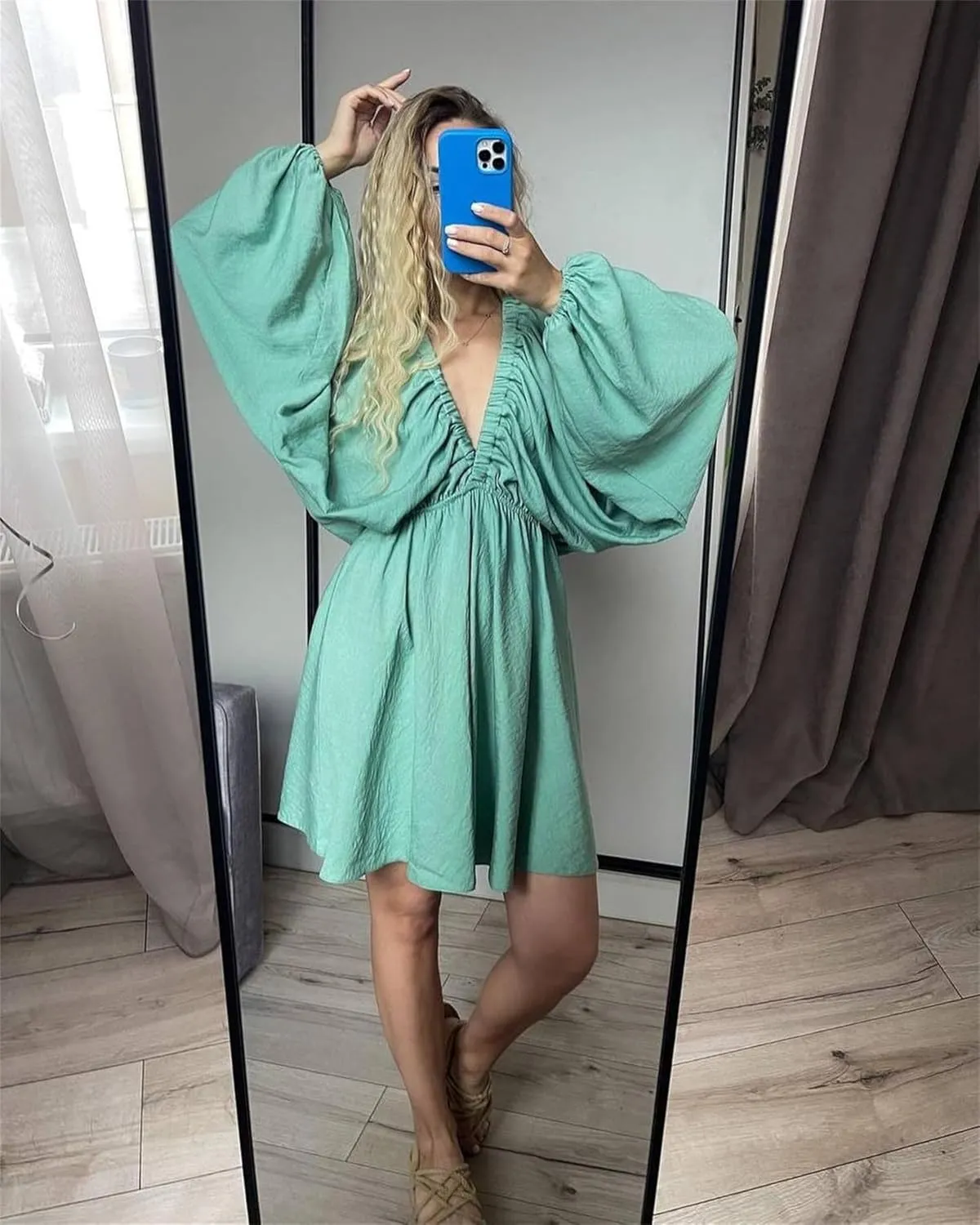 LOFAAC Women Sexy Deep V Neck Puff Long Sleeve Mini Dress Backless High Waist Ruffle Short Dress Party Club Fall Dress