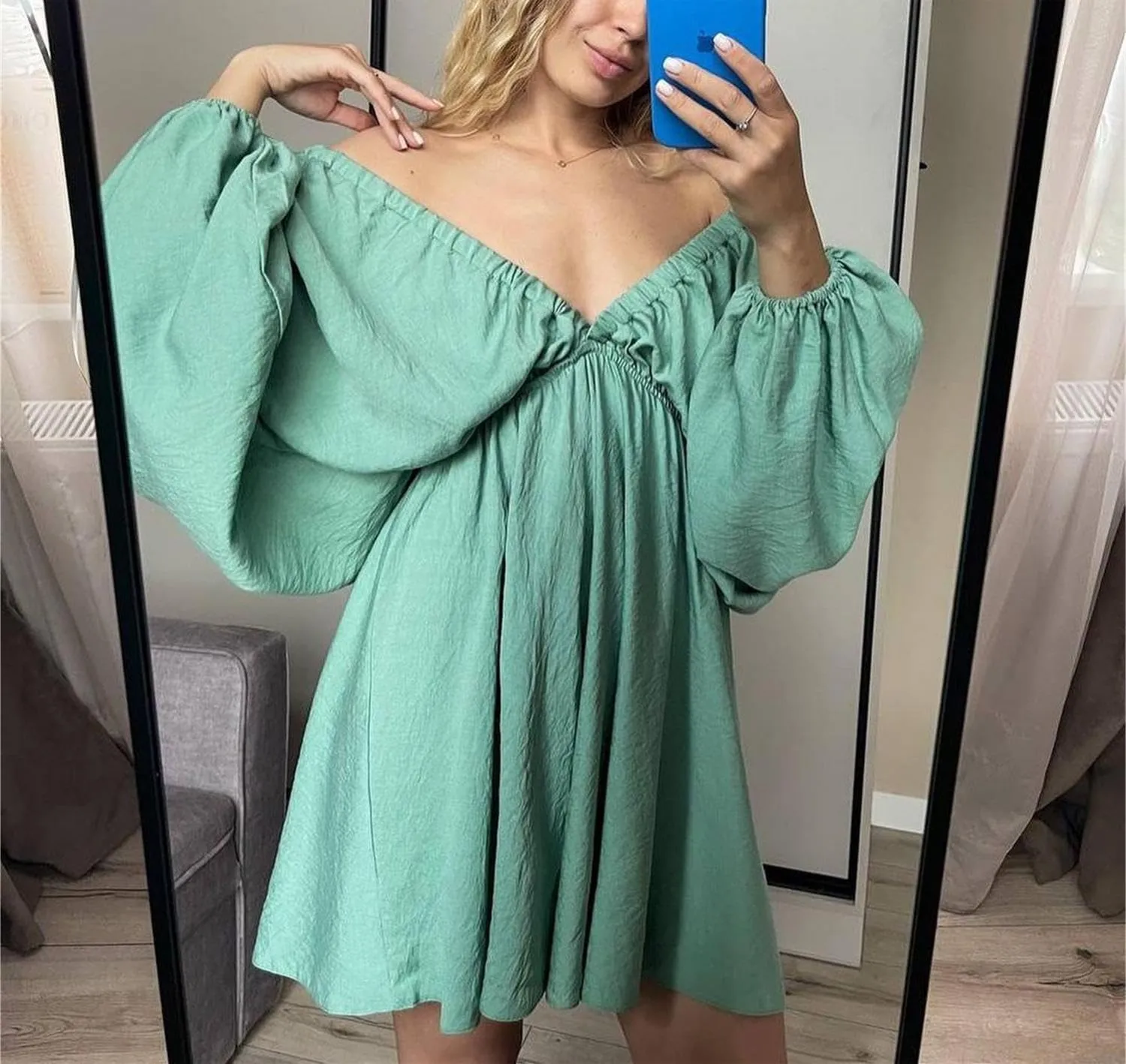 LOFAAC Women Sexy Deep V Neck Puff Long Sleeve Mini Dress Backless High Waist Ruffle Short Dress Party Club Fall Dress