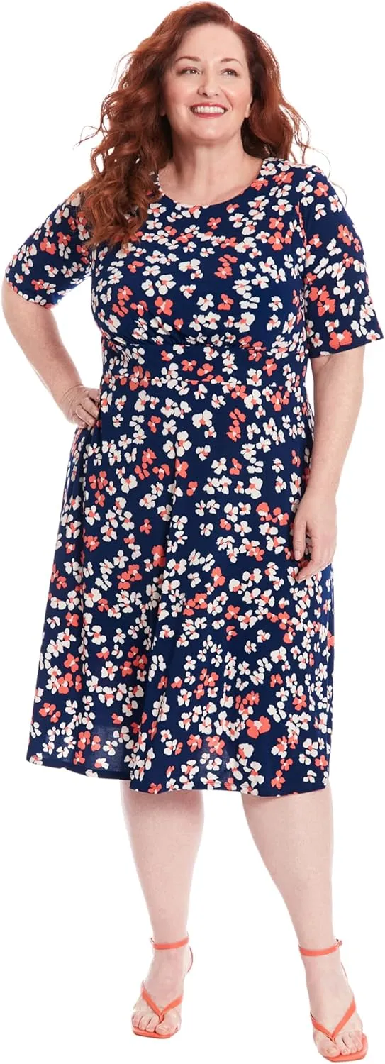 London Times Women's Inset Waist Midi Short Sleeve