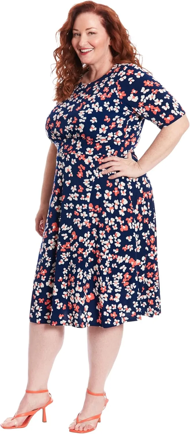 London Times Women's Inset Waist Midi Short Sleeve