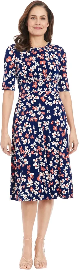 London Times Women's Inset Waist Midi Short Sleeve