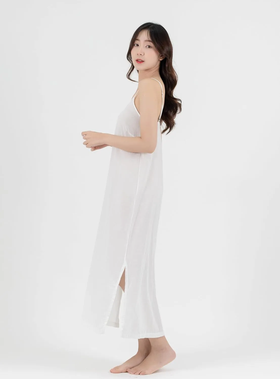Long Cotton Full Slip Dress Lingerie Nightwear Adjustable Spaghetti Strap (L/XL, White)