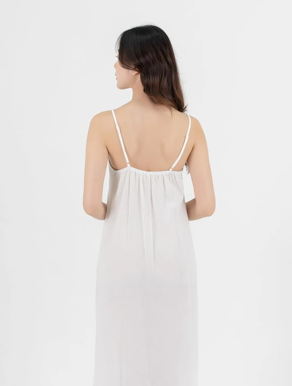 Long Cotton Full Slip Dress Lingerie Nightwear Adjustable Spaghetti Strap (L/XL, White)