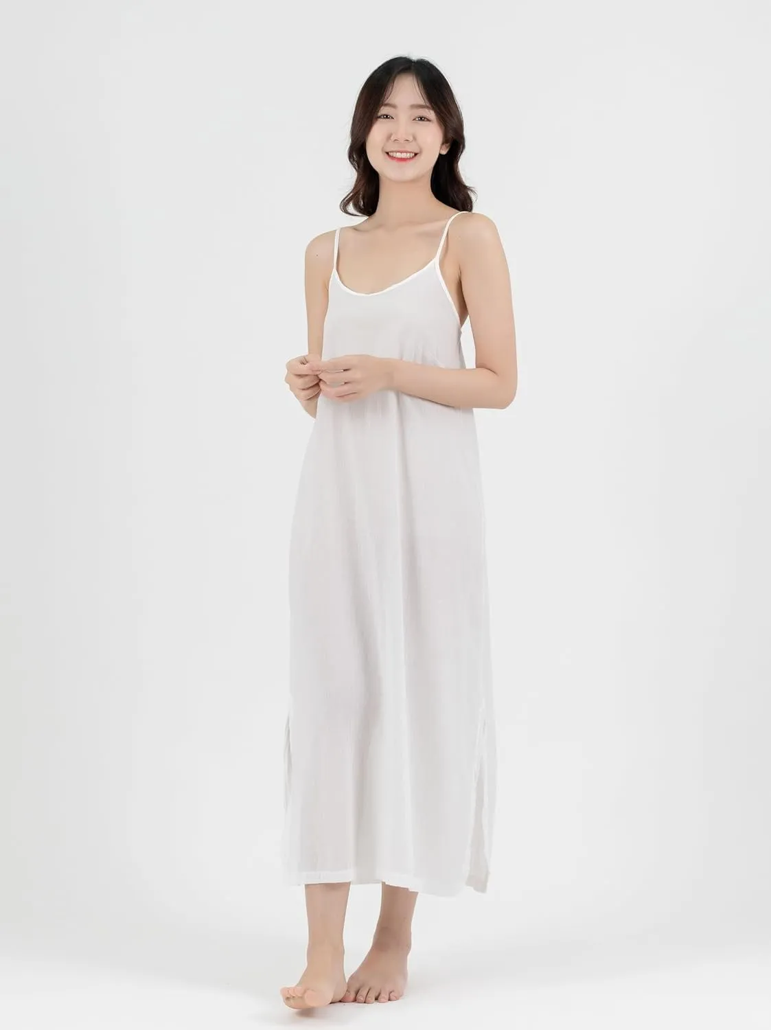 Long Cotton Full Slip Dress Lingerie Nightwear Adjustable Spaghetti Strap (L/XL, White)