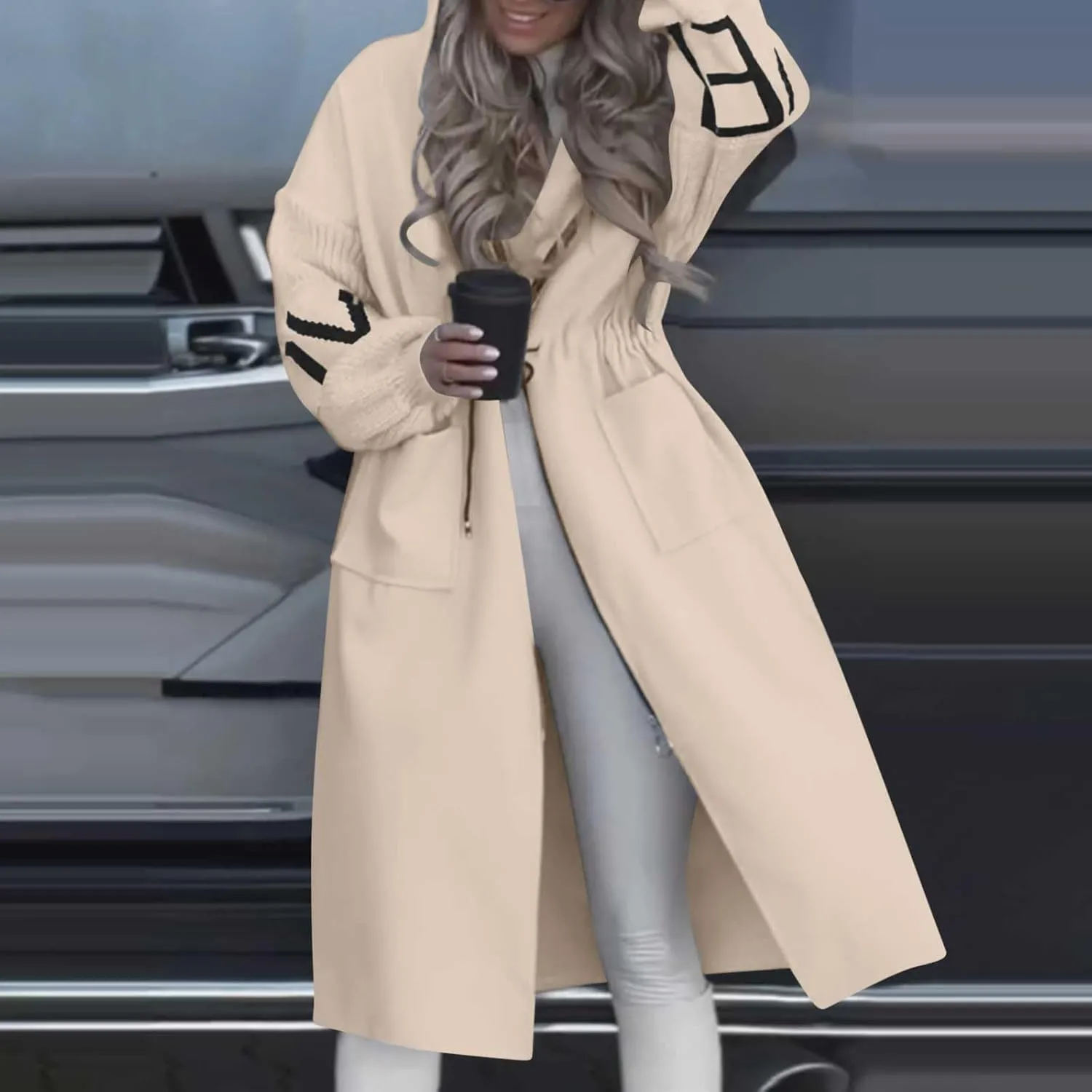 Long Jackets for Women Trendy Wool Coat Oversized Peacoat Drawstring Waist Overcoat Open Front Coat Cardigan Jacket