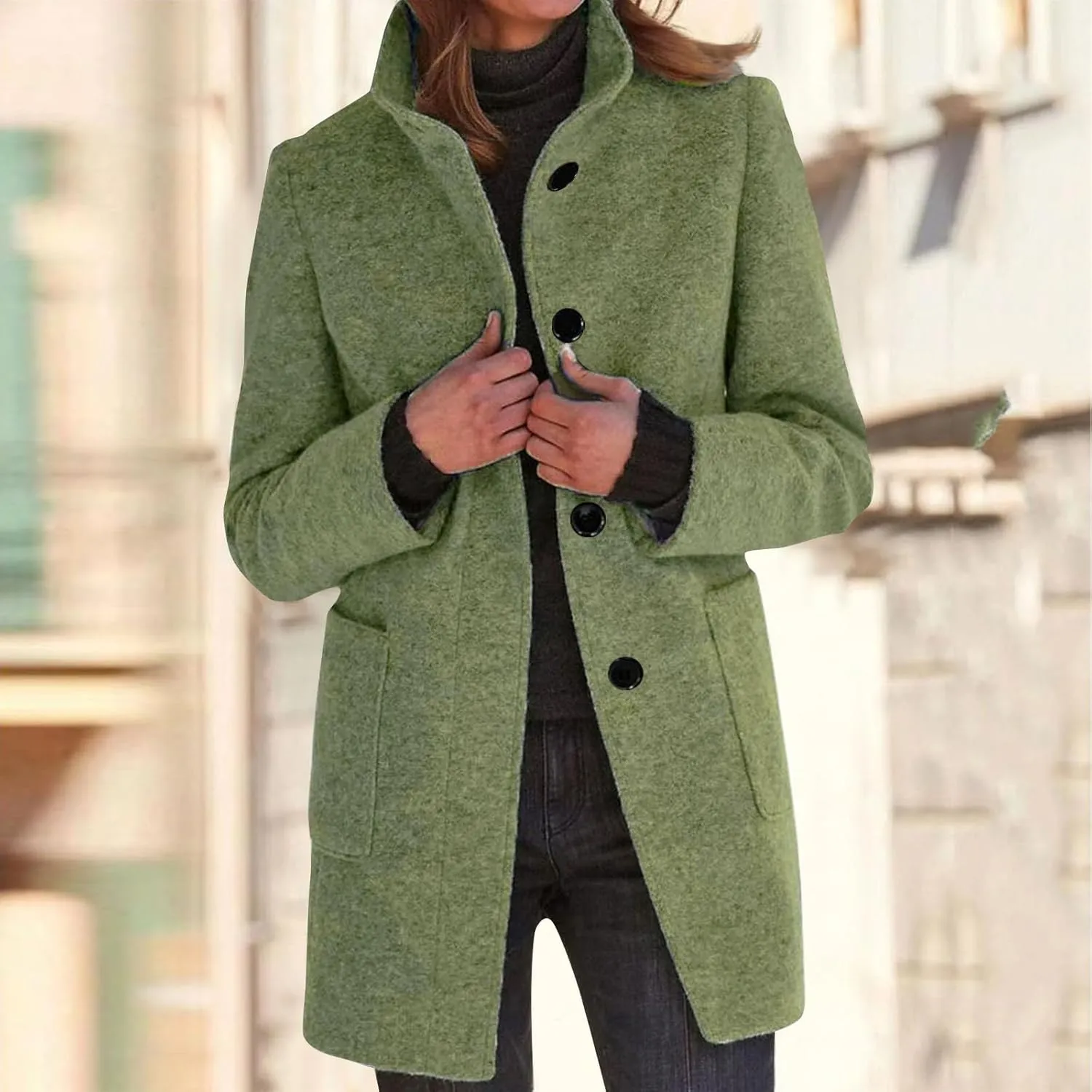 Long Pea Coats for Women Winter Stand Collar Single Breasted Wool Trench Coats Wool Blend Peacoat Thicken Blazer Jacket