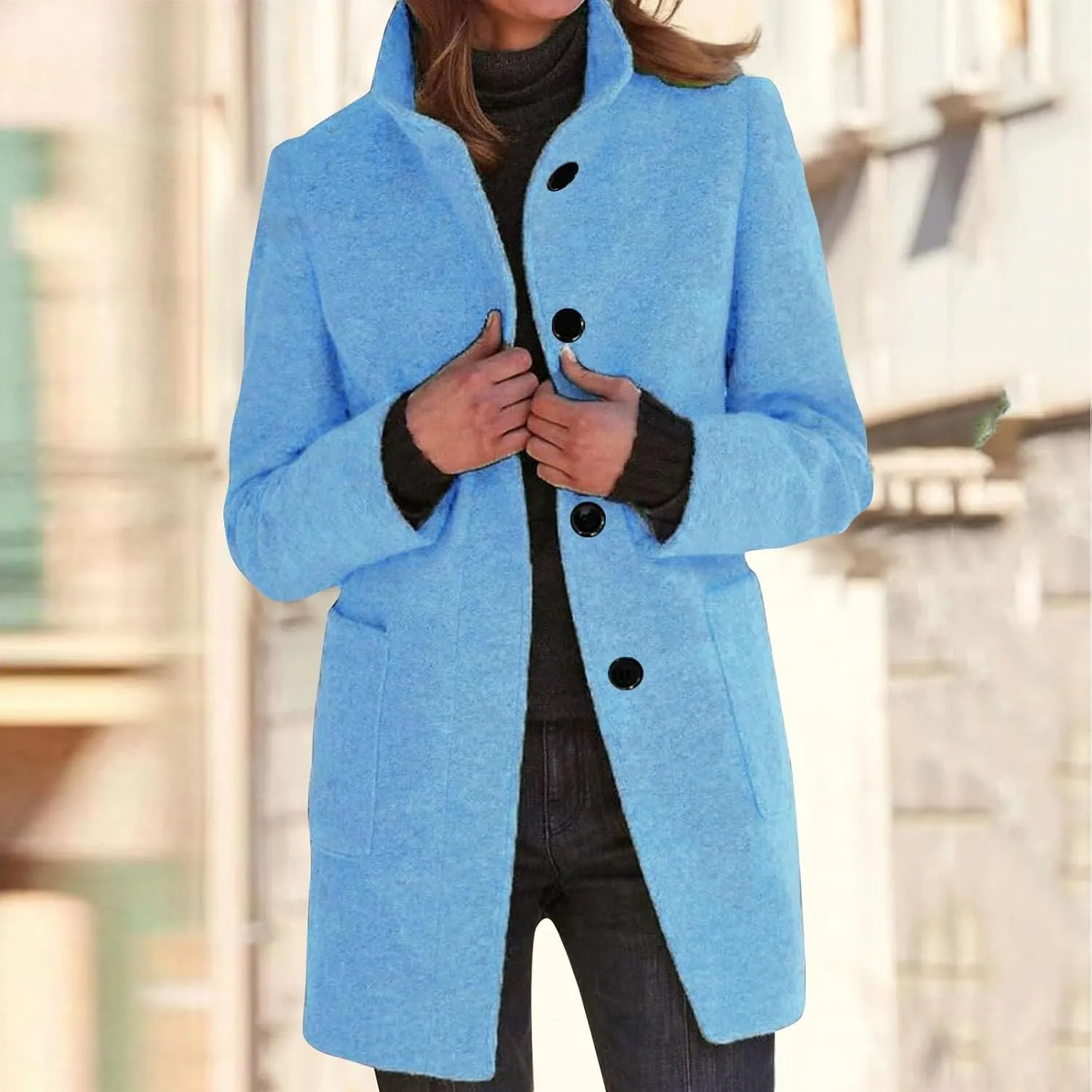 Long Pea Coats for Women Winter Stand Collar Single Breasted Wool Trench Coats Wool Blend Peacoat Thicken Blazer Jacket