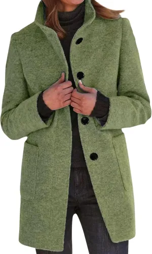 Long Pea Coats for Women Winter Stand Collar Single Breasted Wool Trench Coats Wool Blend Peacoat Thicken Blazer Jacket