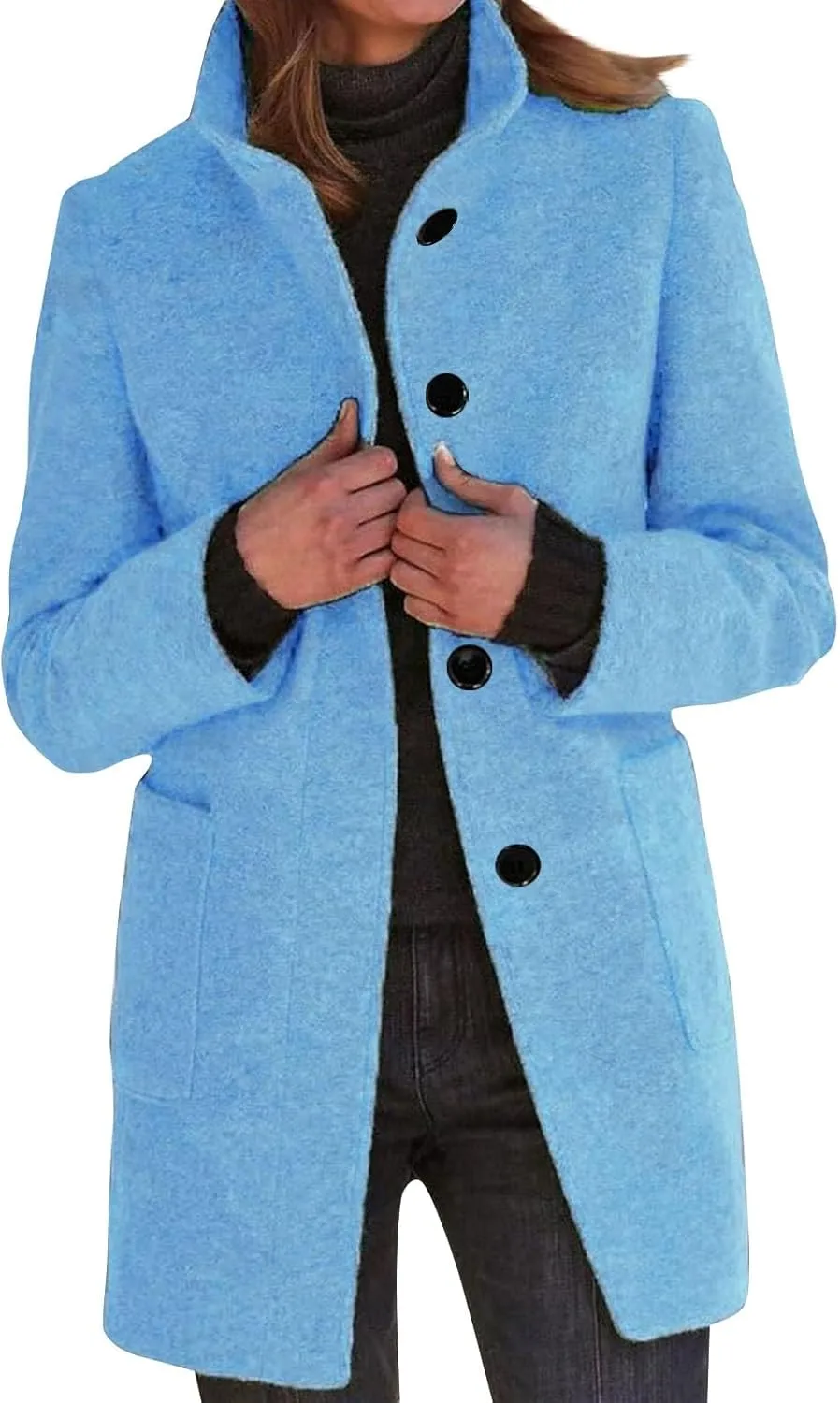 Long Pea Coats for Women Winter Stand Collar Single Breasted Wool Trench Coats Wool Blend Peacoat Thicken Blazer Jacket