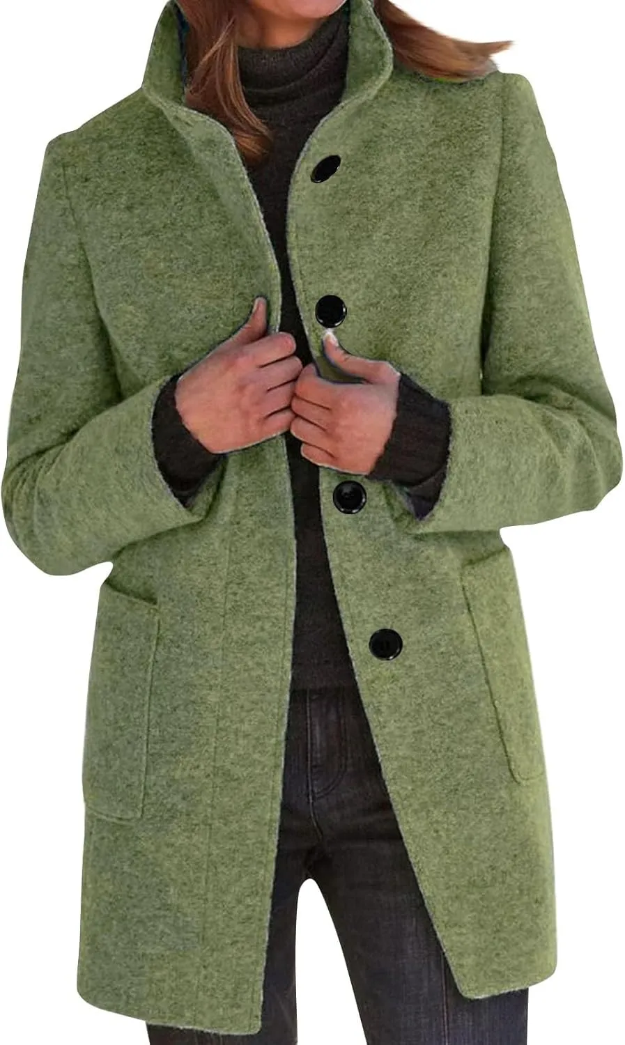Long Pea Coats for Women Winter Stand Collar Single Breasted Wool Trench Coats Wool Blend Peacoat Thicken Blazer Jacket