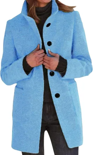 Long Pea Coats for Women Winter Stand Collar Single Breasted Wool Trench Coats Wool Blend Peacoat Thicken Blazer Jacket