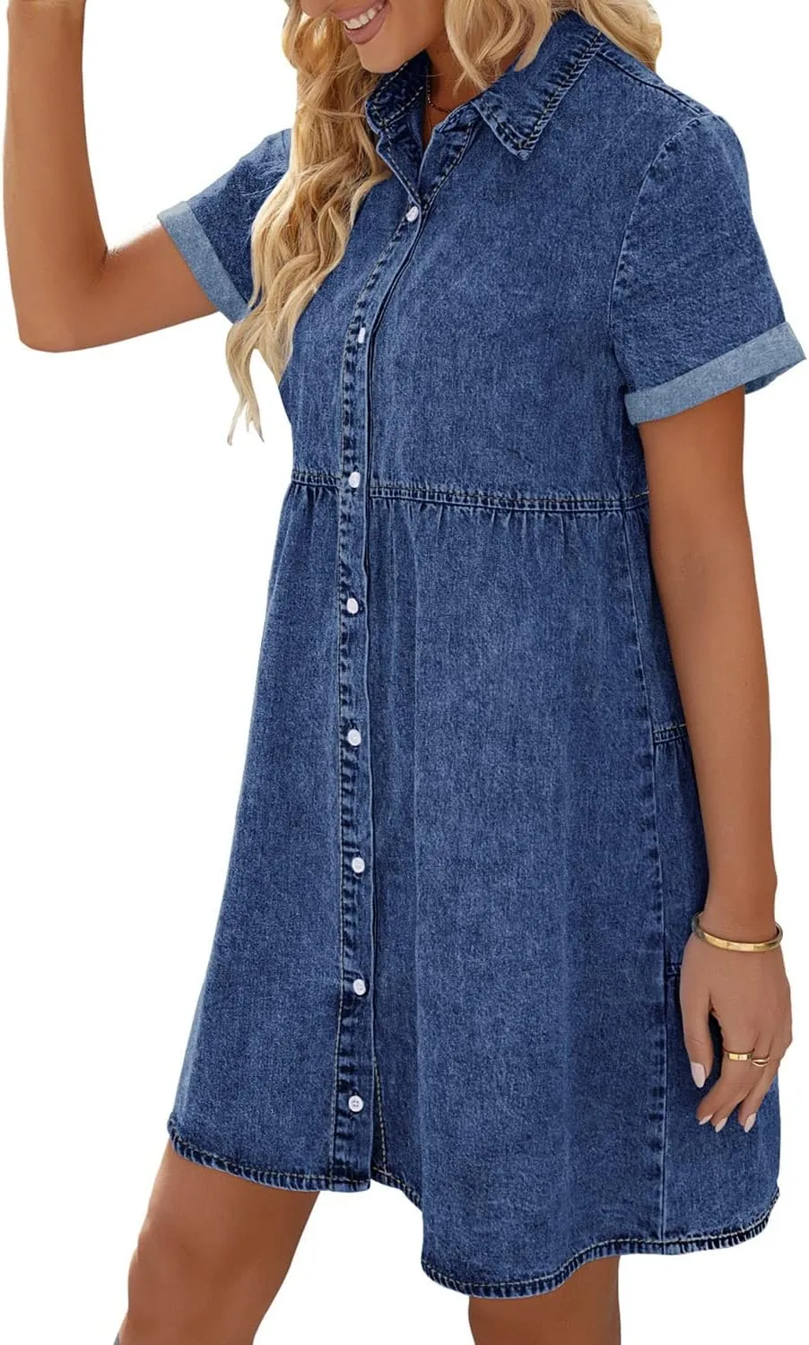 LookbookStore Women's Short Sleeve Button Down Flowy Tiered Babydoll Denim Dress