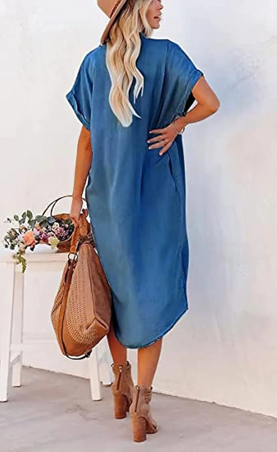 loveimgs Women Casual Button Down Faux Denim Midi Shirt Dress Side Slit Short Sleeve Jean Dress with Pocket