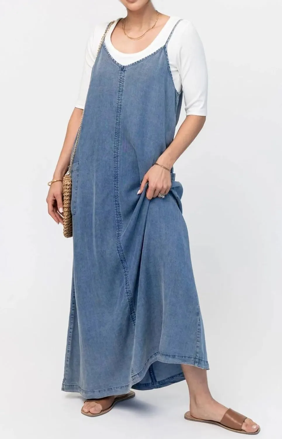 loveimgs Women Vintage Spaghetti Strap Denim Maxi Dress Long Jean Overall Dress Flowy Boho Sundress Summer Lightweight