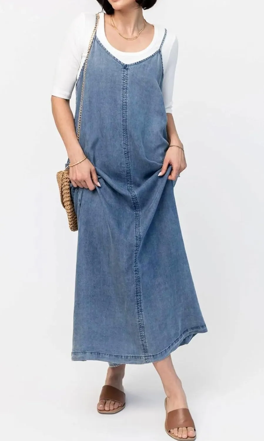loveimgs Women Vintage Spaghetti Strap Denim Maxi Dress Long Jean Overall Dress Flowy Boho Sundress Summer Lightweight