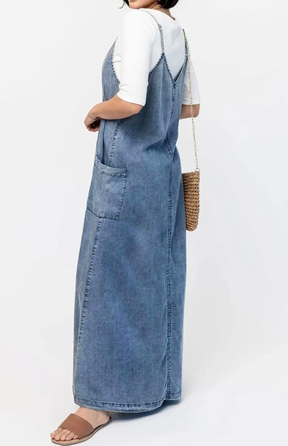 loveimgs Women Vintage Spaghetti Strap Denim Maxi Dress Long Jean Overall Dress Flowy Boho Sundress Summer Lightweight