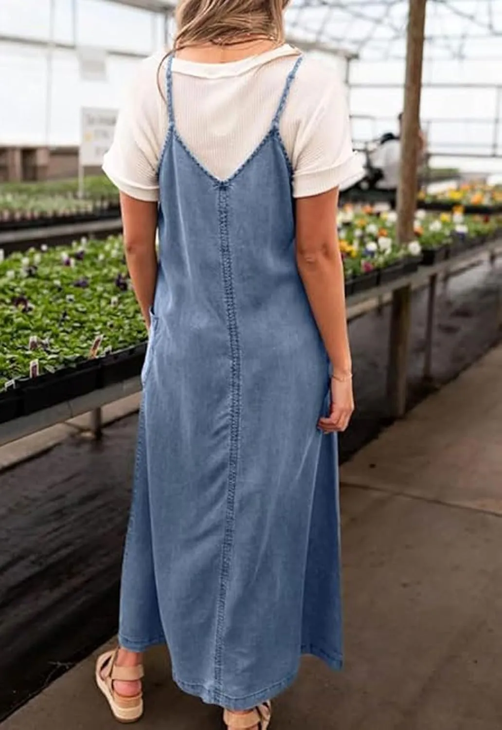loveimgs Women Vintage Spaghetti Strap Denim Maxi Dress Long Jean Overall Dress Flowy Boho Sundress Summer Lightweight