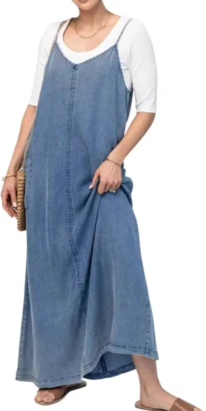 loveimgs Women Vintage Spaghetti Strap Denim Maxi Dress Long Jean Overall Dress Flowy Boho Sundress Summer Lightweight
