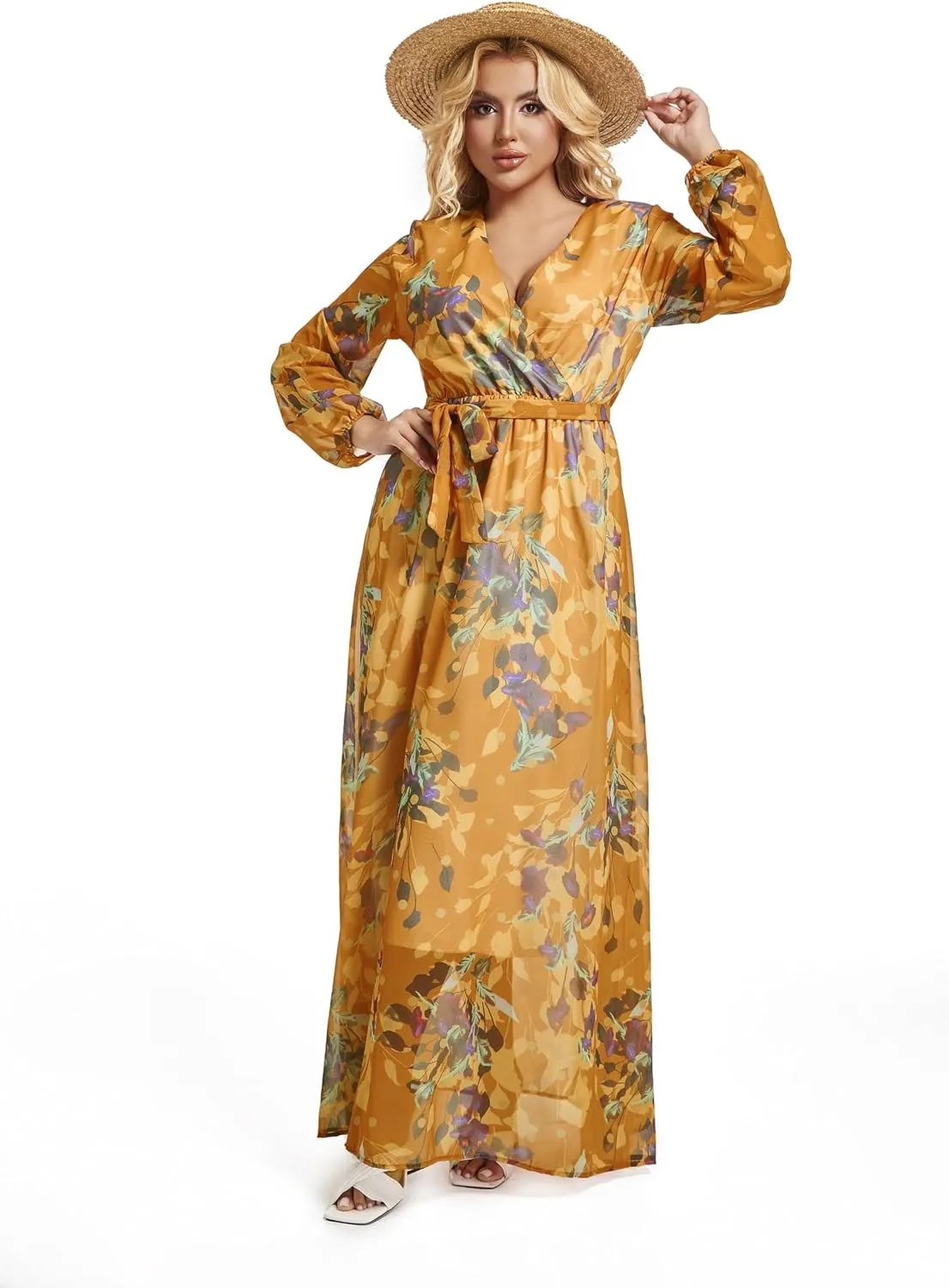 lvenzse Womens Maxi Dress Boho Chiffon Floral Printed Long Party Dresses Plus Size with Belt (FBA)