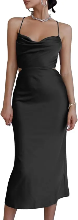 LYANER Women's Satin Straps Slip Cowl Neck Cocktail Midi Dress Black X-Small