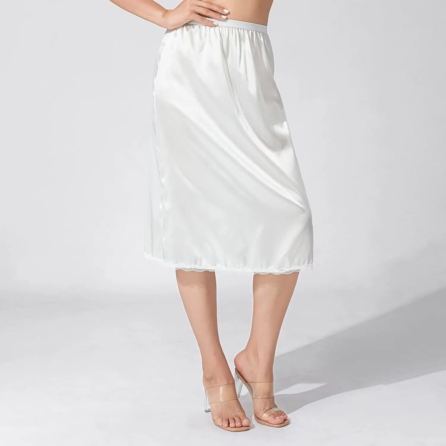 MAINESAKA Women's Half Slips Elastic Waist Satin Underskirt Lace Trim Slip Skirt for Under Dresses Anti Static Half Slip
