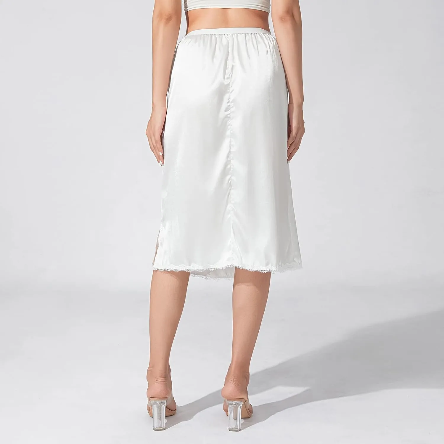 MAINESAKA Women's Half Slips Elastic Waist Satin Underskirt Lace Trim Slip Skirt for Under Dresses Anti Static Half Slip