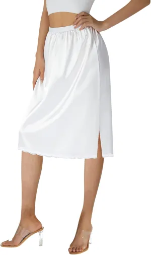 MAINESAKA Women's Half Slips Elastic Waist Satin Underskirt Lace Trim Slip Skirt for Under Dresses Anti Static Half Slip