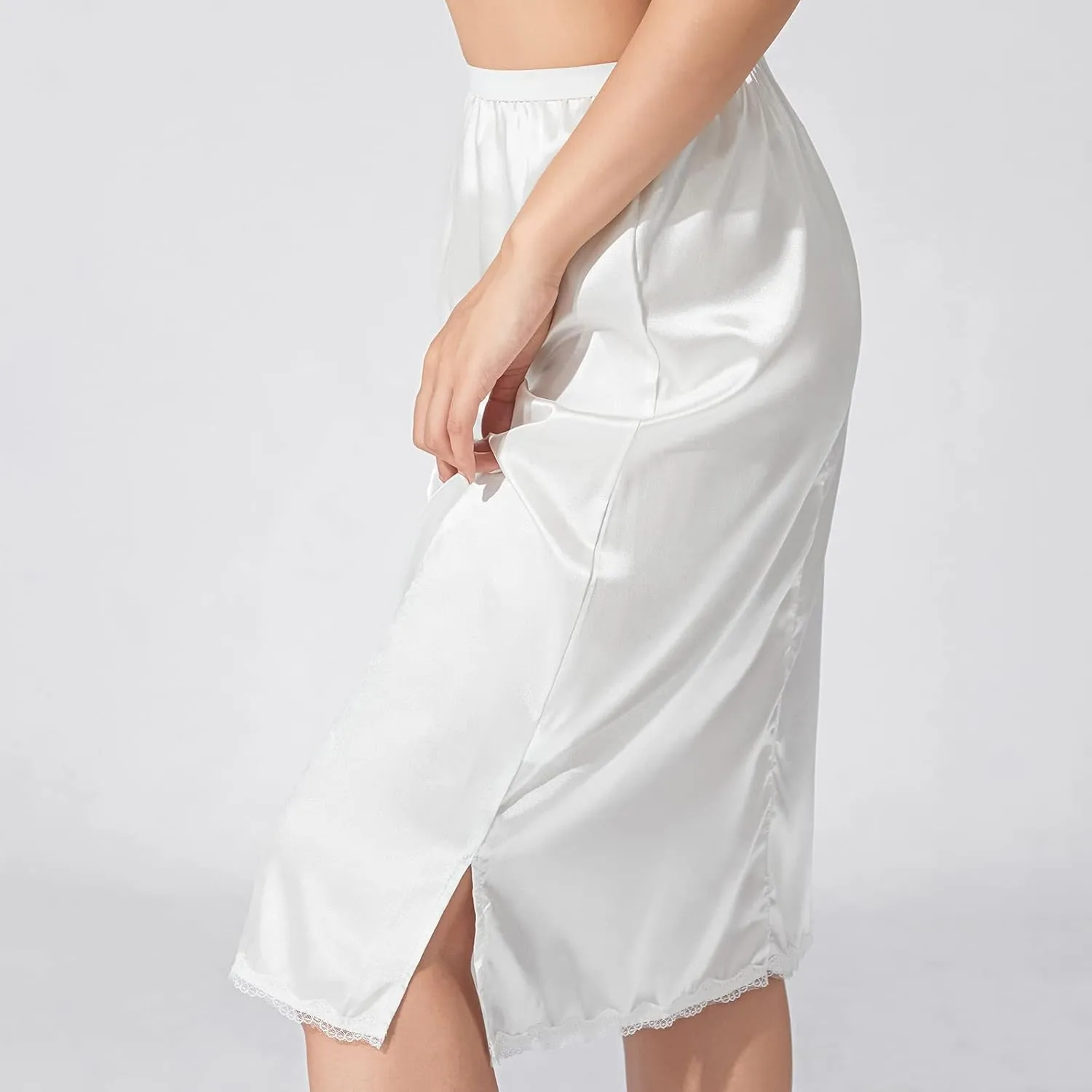 MAINESAKA Women's Half Slips Elastic Waist Satin Underskirt Lace Trim Slip Skirt for Under Dresses Anti Static Half Slip