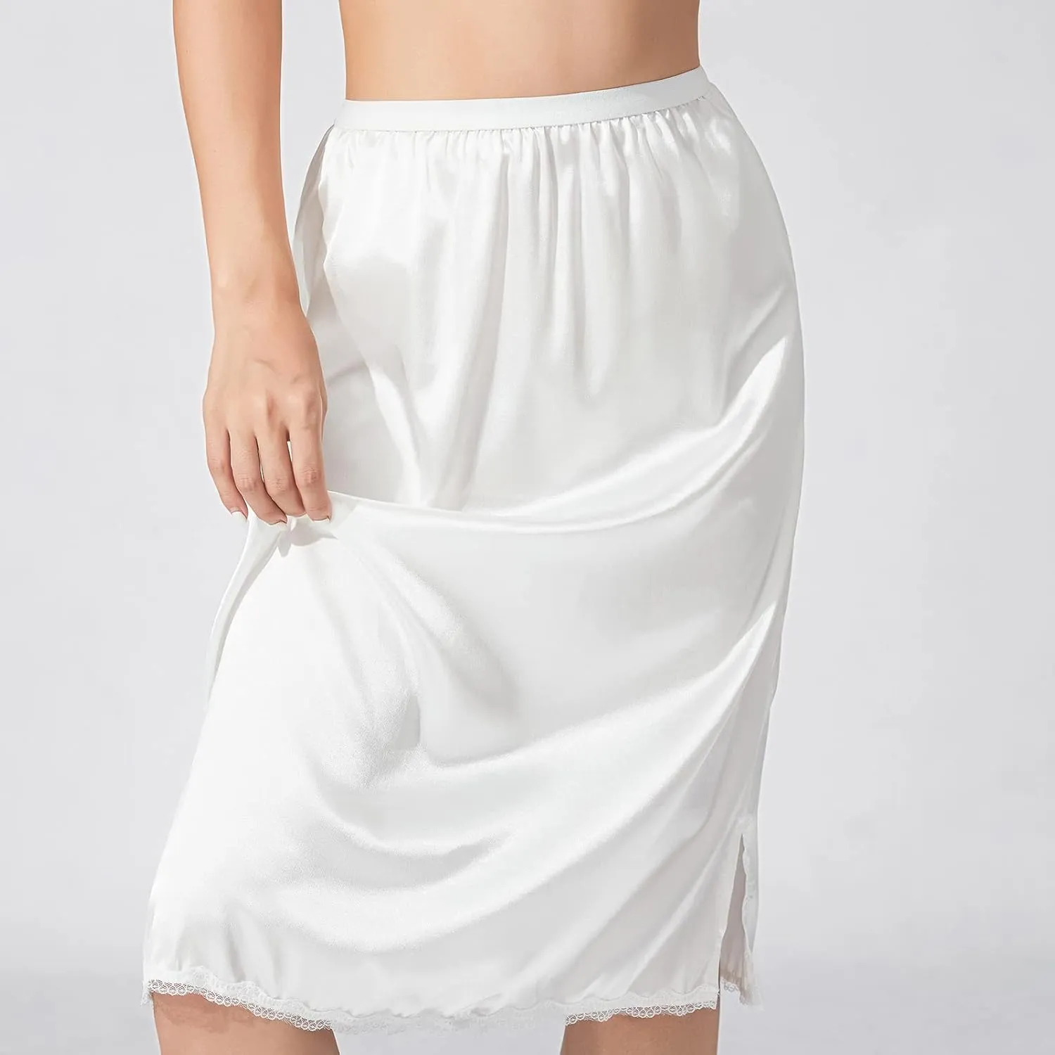MAINESAKA Women's Half Slips Elastic Waist Satin Underskirt Lace Trim Slip Skirt for Under Dresses Anti Static Half Slip