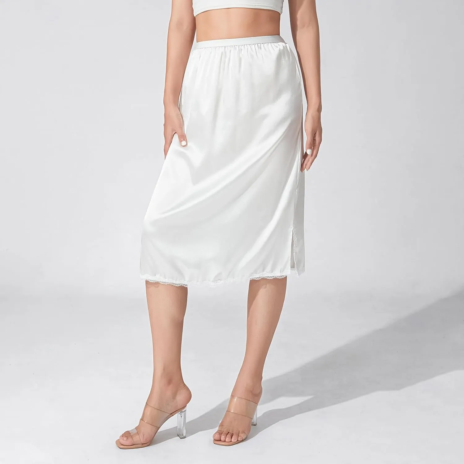 MAINESAKA Women's Half Slips Elastic Waist Satin Underskirt Lace Trim Slip Skirt for Under Dresses Anti Static Half Slip
